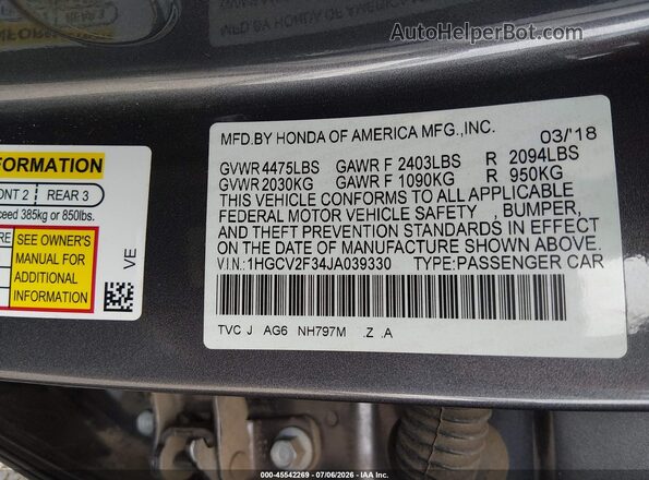 1HGCV2F34JA039330 2018 HONDA ACCORD Gray Widok komory silnika