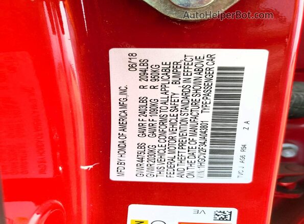 1HGCV2F34JA043801 2018 HONDA ACCORD Красный Вид подкапотного пространства