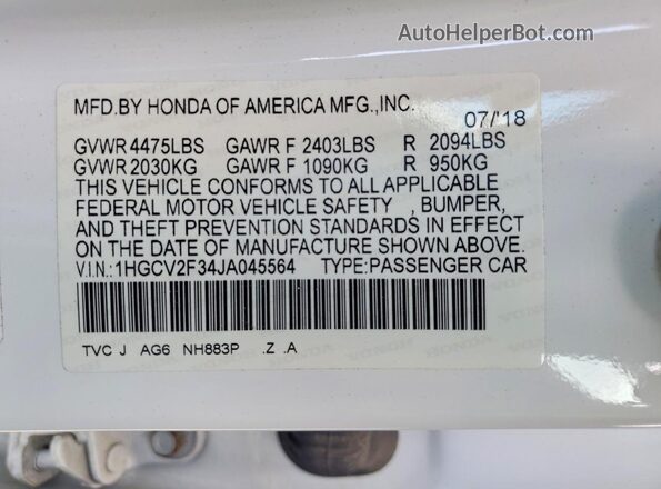 1HGCV2F34JA045564 2018 HONDA ACCORD White Շարժիչի բաժամունքի տեսք