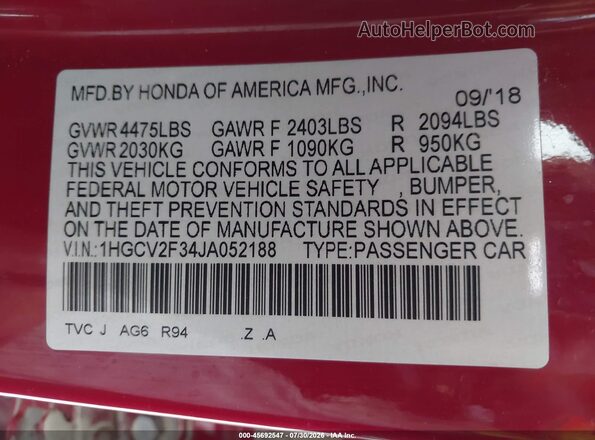 1HGCV2F34JA052188 2018 HONDA ACCORD Red Շարժիչի բաժամունքի տեսք