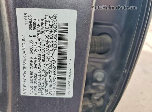 1HGCV2F34KA002389 2019 HONDA ACCORD Charcoal Widok komory silnika