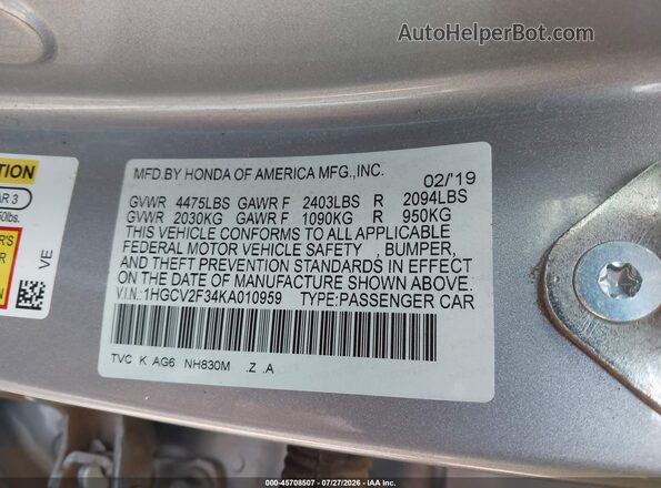 1HGCV2F34KA010959 2019 HONDA ACCORD Gray Շարժիչի բաժամունքի տեսք