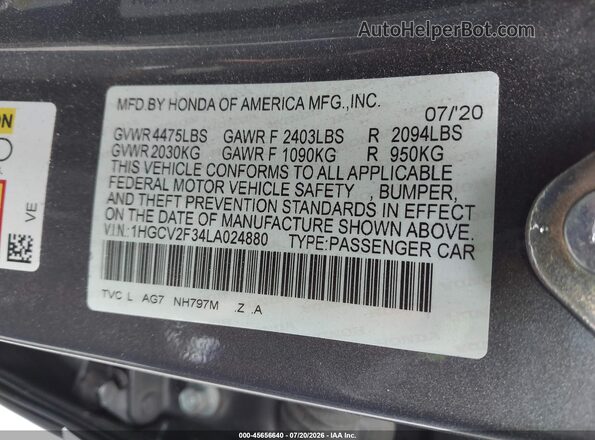 1HGCV2F34LA024880 2020 HONDA ACCORD Gray Вид підкапотного простору