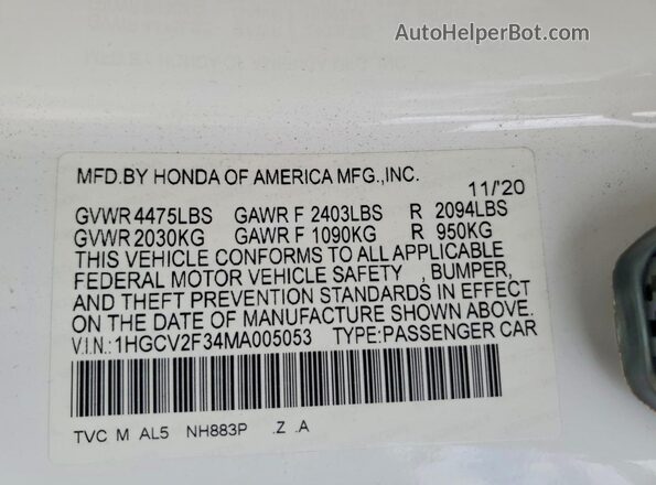 1HGCV2F34MA005053 2021 HONDA ACCORD Белый Вид подкапотного пространства