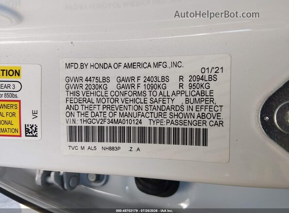 1HGCV2F34MA010124 2021 HONDA ACCORD Burgundy Vista del compartimento del motor
