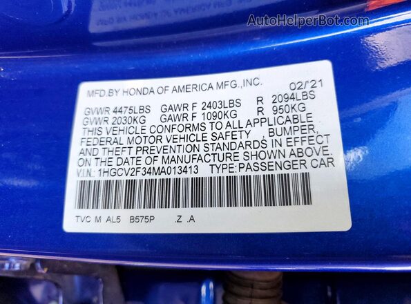 1HGCV2F34MA013413 2021 HONDA ACCORD Blue Engine compartment view
