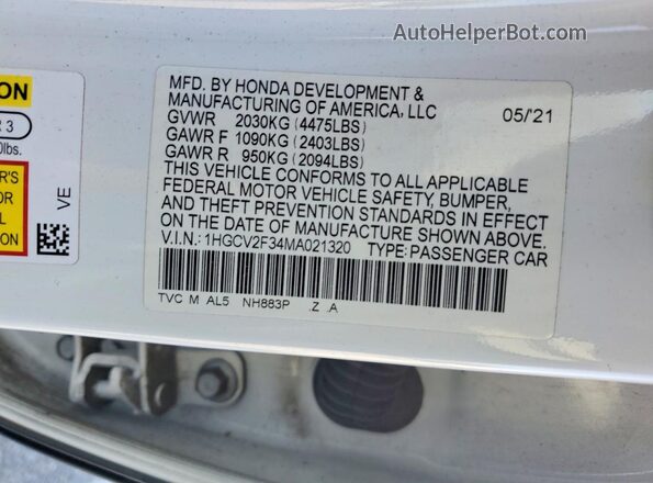 1HGCV2F34MA021320 2021 HONDA ACCORD White Вид підкапотного простору