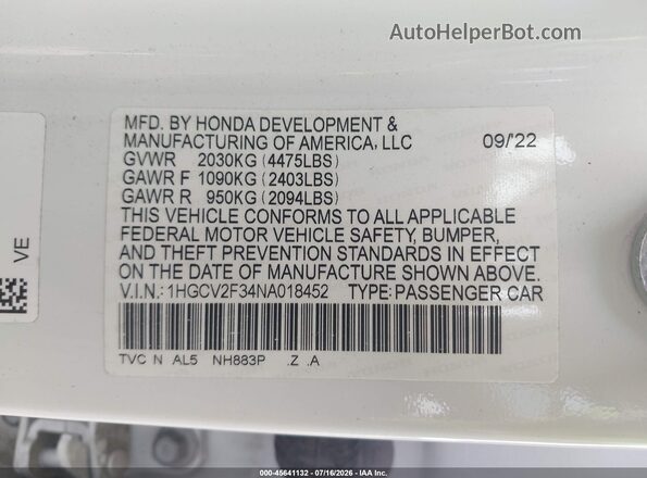 1HGCV2F34NA018452 2022 HONDA ACCORD White Շարժիչի բաժամունքի տեսք