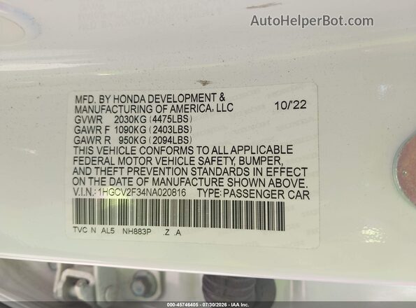1HGCV2F34NA020816 2022 HONDA ACCORD White ძრავის განყოფილების ხედი