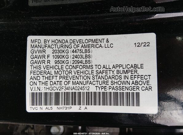 1HGCV2F34NA024512 2022 HONDA ACCORD Black ძრავის განყოფილების ხედი