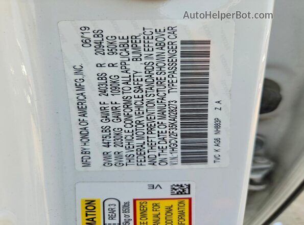 1HGCV2F35KA028273 2019 HONDA ACCORD White ძრავის განყოფილების ხედი