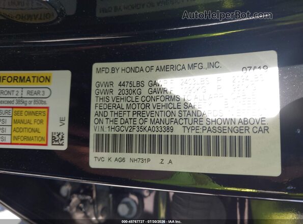 1HGCV2F35KA033389 2019 HONDA ACCORD Black Vista del compartimento del motor