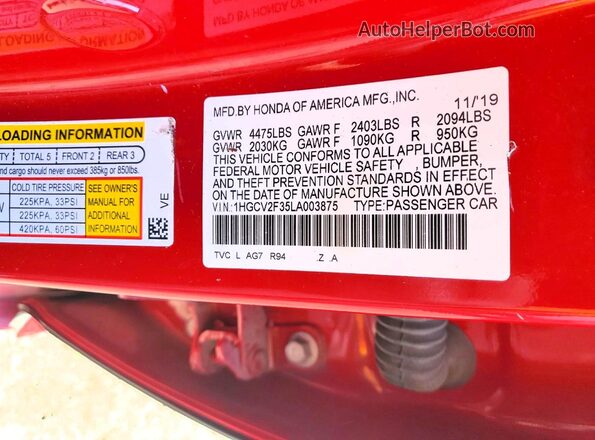 1HGCV2F35LA003875 2020 HONDA ACCORD Red Вид підкапотного простору