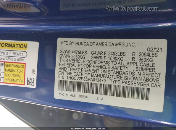 1HGCV2F35MA013470 2021 HONDA ACCORD Blue Widok komory silnika