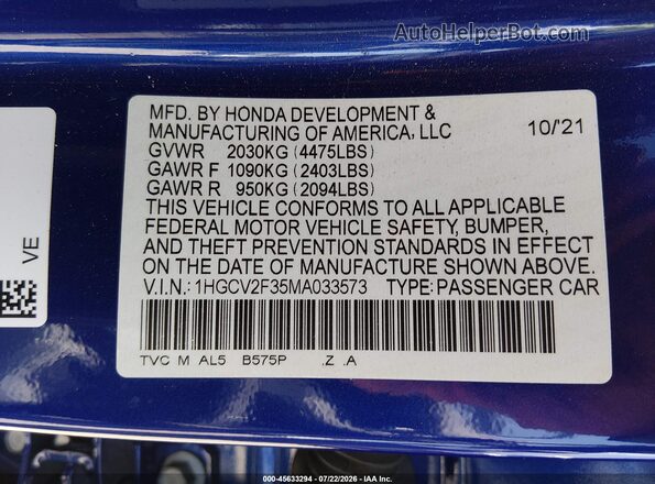 1HGCV2F35MA033573 2021 HONDA ACCORD Синий Вид подкапотного пространства