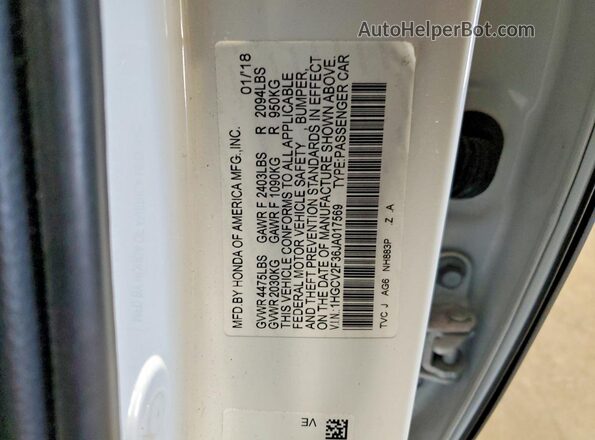 1HGCV2F36JA017569 2018 HONDA ACCORD White VIN sticker view