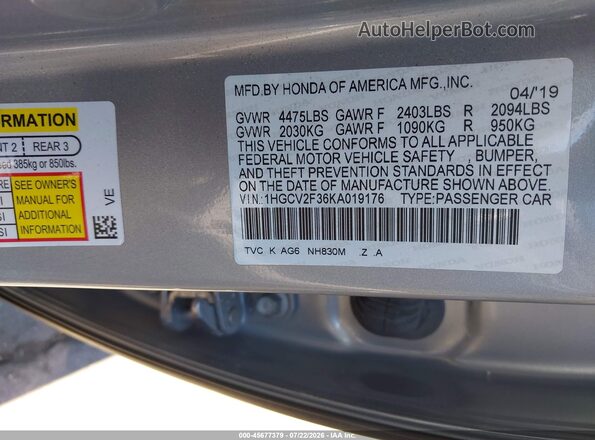1HGCV2F36KA019176 2019 HONDA ACCORD Серебряный Вид подкапотного пространства