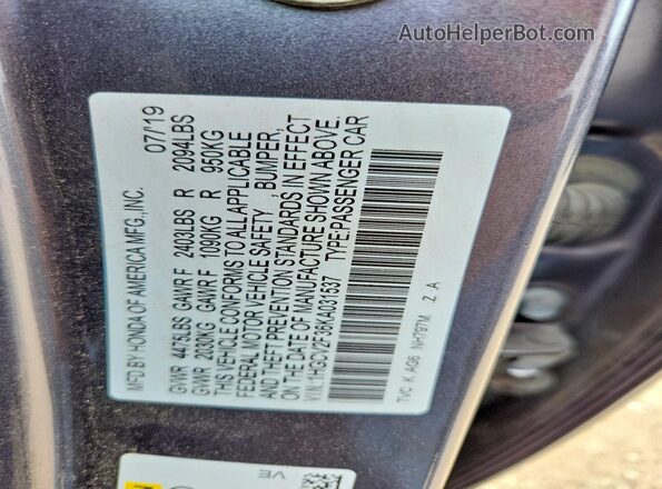 1HGCV2F36KA031537 2019 HONDA ACCORD Gray VIN კოდის სტიკერის ხედი