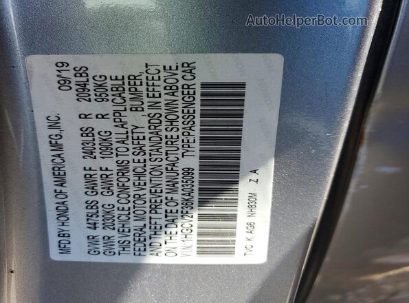 1HGCV2F36KA035099 2019 HONDA ACCORD Gray Engine compartment view