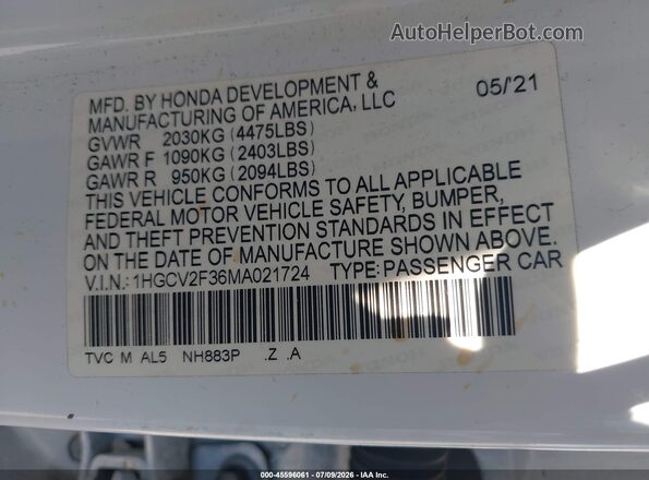 1HGCV2F36MA021724 2021 HONDA ACCORD White ძრავის განყოფილების ხედი