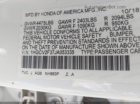 1HGCV2F37JA053335 2018 HONDA ACCORD White Շարժիչի բաժամունքի տեսք