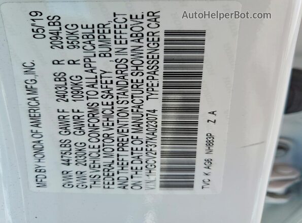 1HGCV2F37KA023074 2019 HONDA ACCORD White Вид підкапотного простору