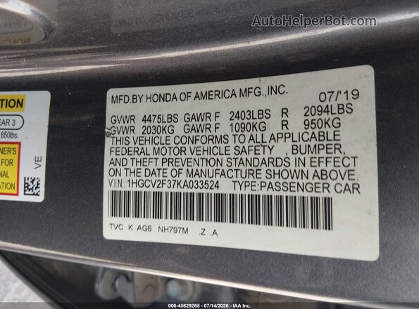 1HGCV2F37KA033524 2019 HONDA ACCORD Gray Շարժիչի բաժամունքի տեսք
