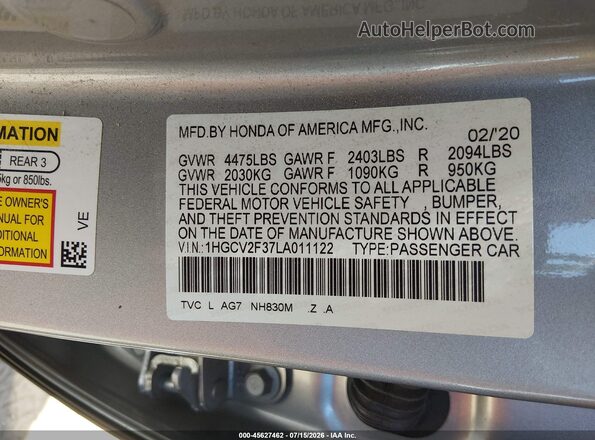 1HGCV2F37LA011122 2020 HONDA ACCORD Silver Вид підкапотного простору