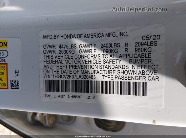 1HGCV2F37LA020483 2020 HONDA ACCORD White Widok komory silnika