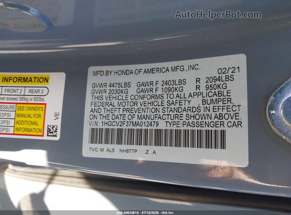 1HGCV2F37MA012479 2021 HONDA ACCORD Gray Engine compartment view