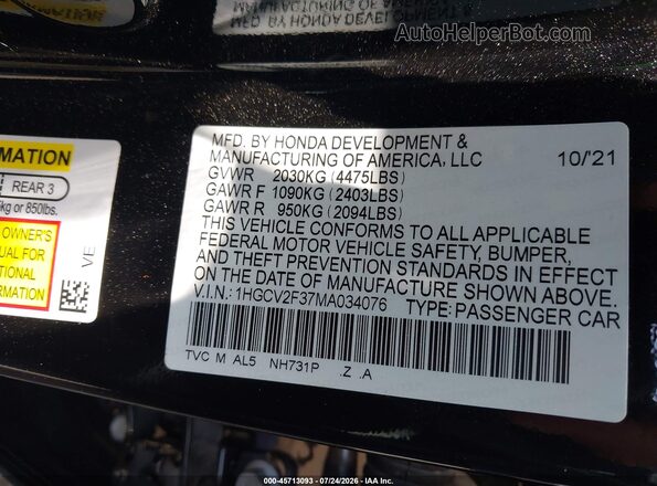 1HGCV2F37MA034076 2021 HONDA ACCORD Black Vista del compartimento del motor