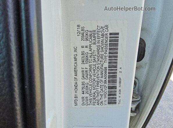 1HGCV2F38KA004498 2019 HONDA ACCORD White Շարժիչի բաժամունքի տեսք