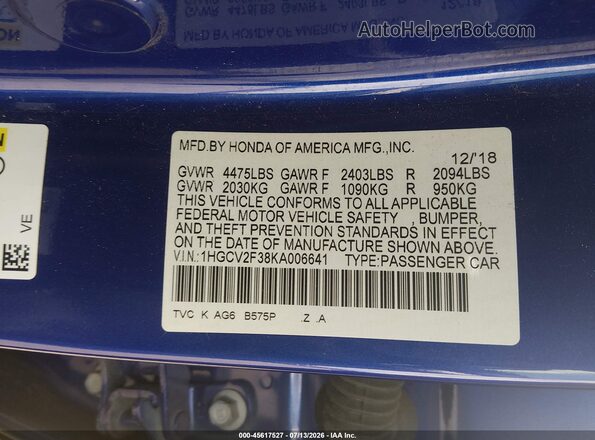 1HGCV2F38KA006641 2019 HONDA ACCORD Blue Շարժիչի բաժամունքի տեսք