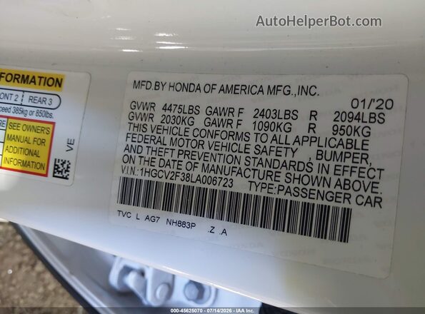1HGCV2F38LA006723 2020 HONDA ACCORD White ძრავის განყოფილების ხედი