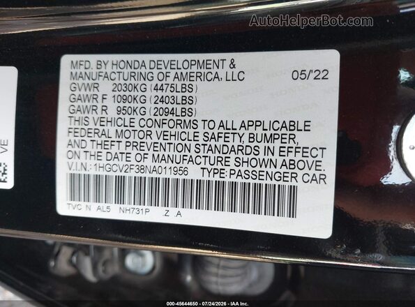 1HGCV2F38NA011956 2022 HONDA ACCORD Black ძრავის განყოფილების ხედი