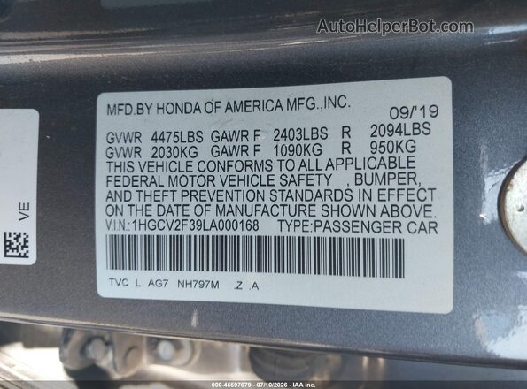 1HGCV2F39LA000168 2020 HONDA ACCORD Gray Widok komory silnika