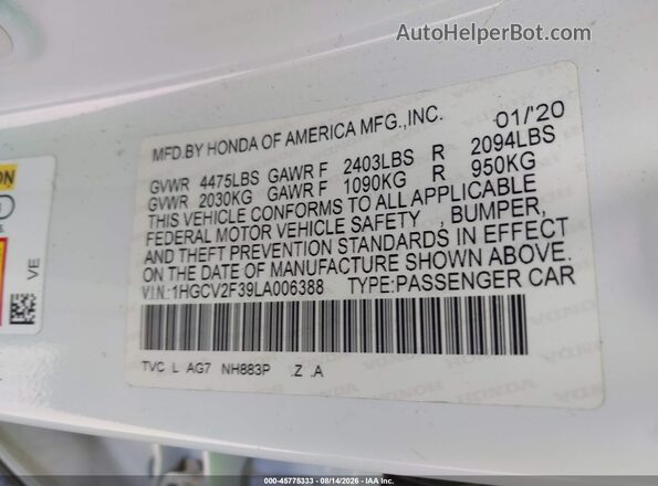 1HGCV2F39LA006388 2020 HONDA ACCORD White Widok komory silnika