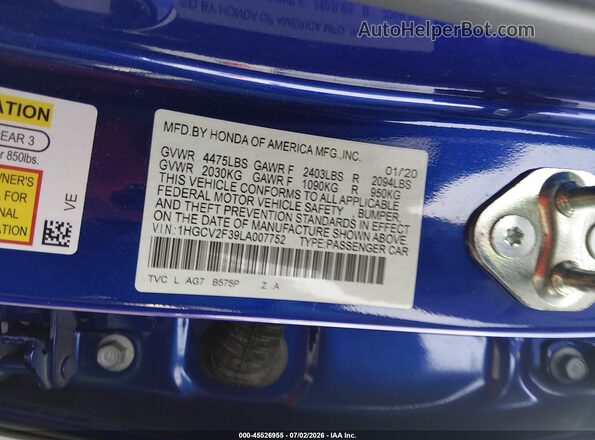 1HGCV2F39LA007752 2020 HONDA ACCORD Blue Շարժիչի բաժամունքի տեսք