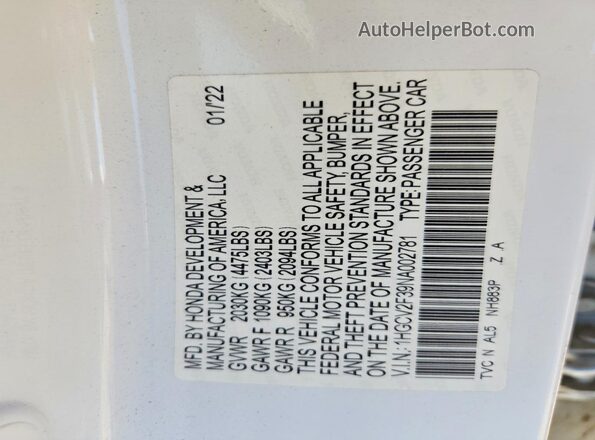 1HGCV2F39NA002781 2022 HONDA ACCORD White Engine compartment view