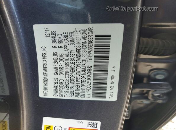 1HGCV2F3XJA009832 2018 HONDA ACCORD Gray ძრავის განყოფილების ხედი