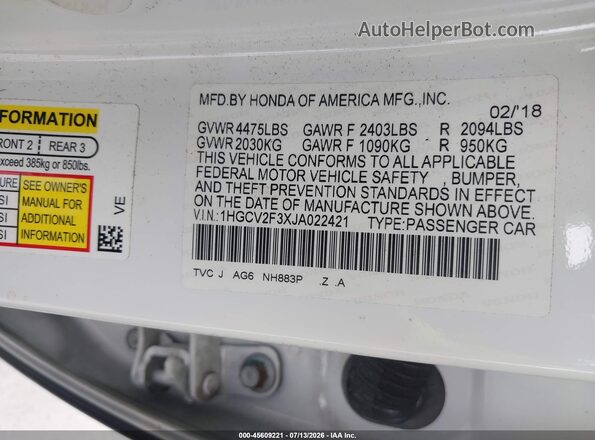1HGCV2F3XJA022421 2018 HONDA ACCORD White Widok komory silnika
