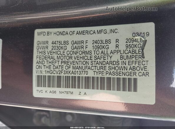 1HGCV2F3XKA013770 2019 HONDA ACCORD Gray Вид підкапотного простору