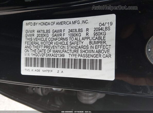1HGCV2F3XKA021349 2019 HONDA ACCORD Черный Вид подкапотного пространства