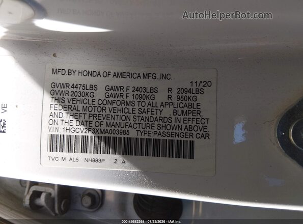 1HGCV2F3XMA003985 2021 HONDA ACCORD White Widok komory silnika