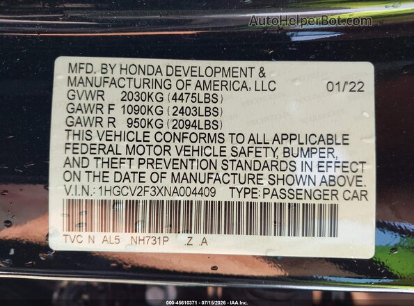 1HGCV2F3XNA004409 2022 HONDA ACCORD Black ძრავის განყოფილების ხედი