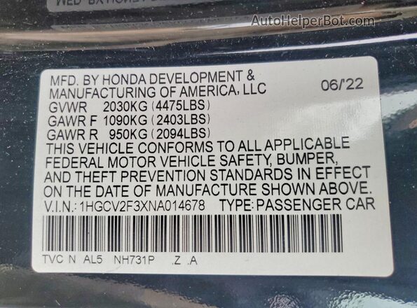 1HGCV2F3XNA014678 2022 HONDA ACCORD Black ძრავის განყოფილების ხედი