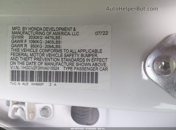 1HGCV2F3XNA015524 2022 HONDA ACCORD Белый Вид подкапотного пространства