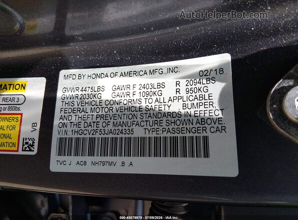 1HGCV2F53JA024335 2018 HONDA ACCORD Gray Շարժիչի բաժամունքի տեսք