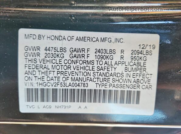 1HGCV2F53LA004783 2020 HONDA ACCORD Black Շարժիչի բաժամունքի տեսք