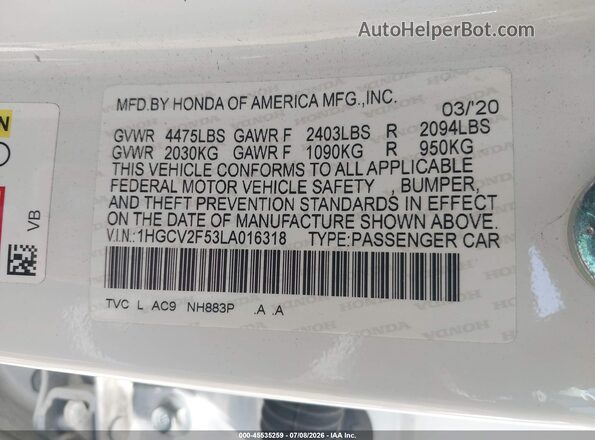 1HGCV2F53LA016318 2020 HONDA ACCORD White Вид підкапотного простору